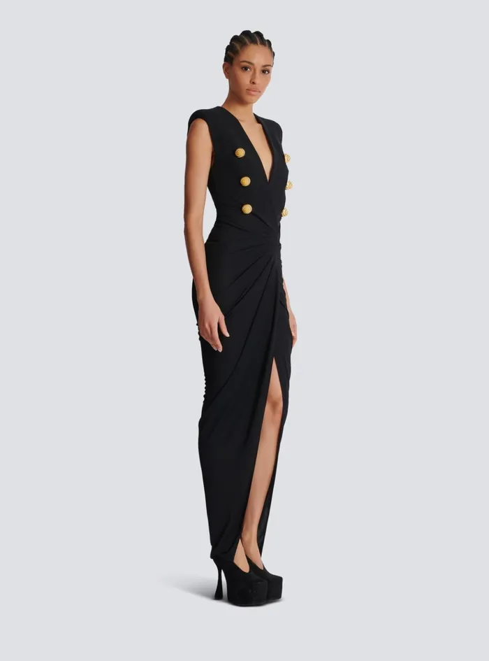 Long Tailored Crepe Dress Black Women Balmain Dresses