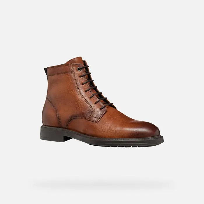 Man Geox Ankle Boots TIBERIO MAN Cognac Ankle Boots With Laces Cognac
