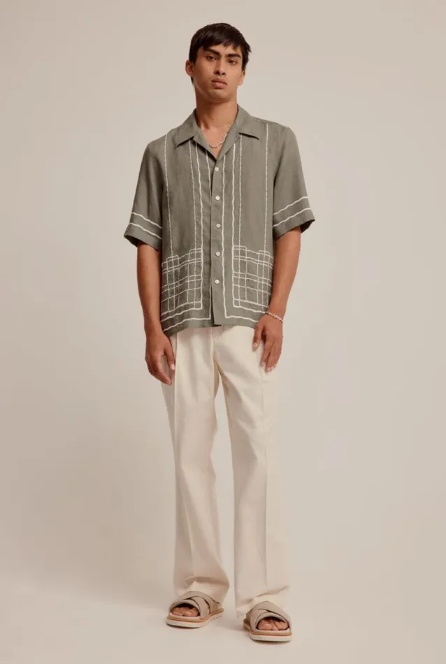 Man Venroy Shirts Embroidered Linen Relaxed Camp Collar
