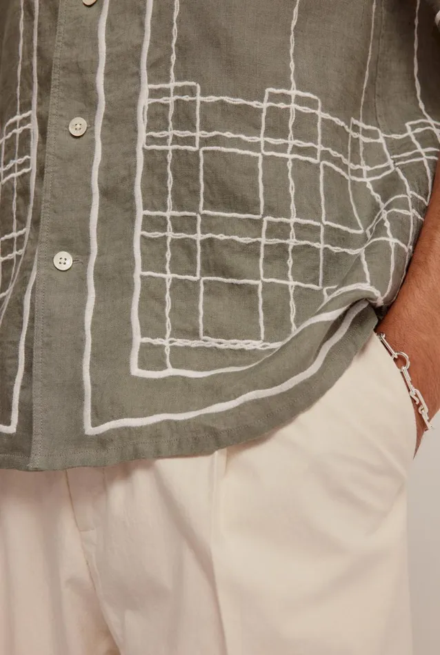 Man Venroy Shirts Embroidered Linen Relaxed Camp Collar