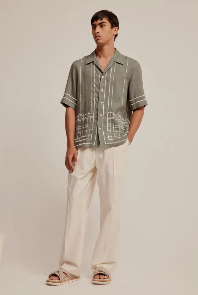 Man Venroy Shirts Embroidered Linen Relaxed Camp Collar