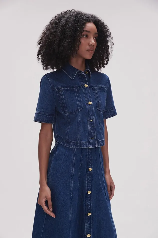 May Denim Cropped Shirt Dark Indigo Women Aje Denim