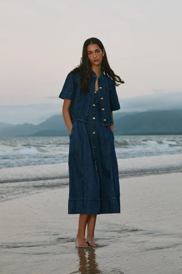 May Denim Cropped Shirt Dark Indigo Women Aje Denim