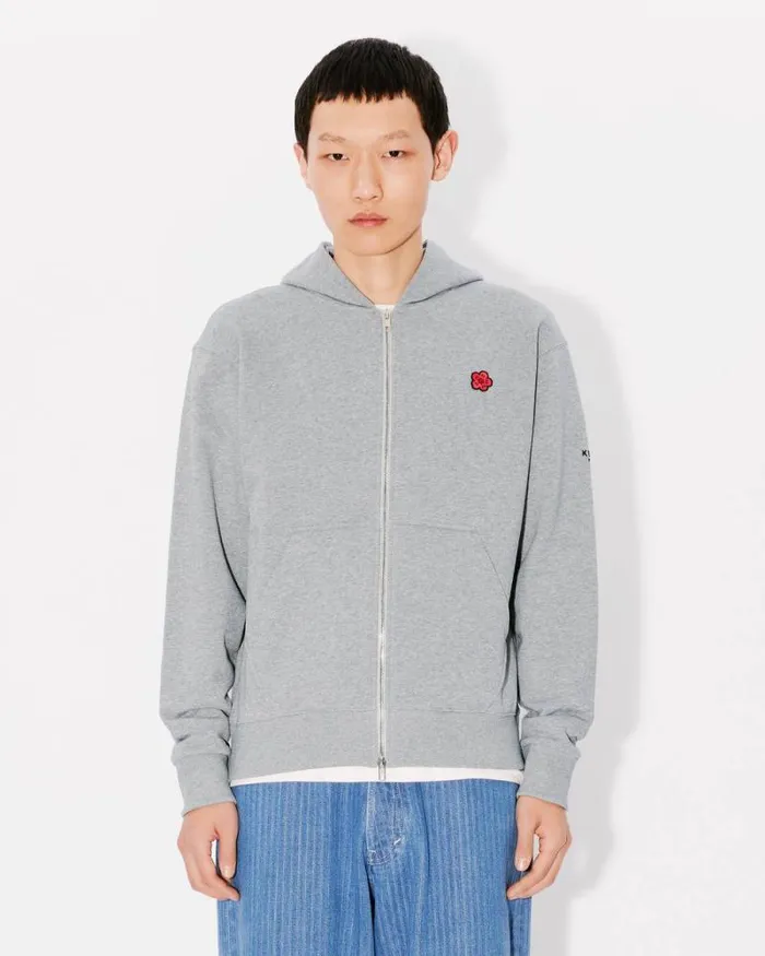 Men 039Boke Flower039 Embroidered Zipped Hoodie In Cotton Pearl Grey Kenzo Sweatshirts And Hoodies