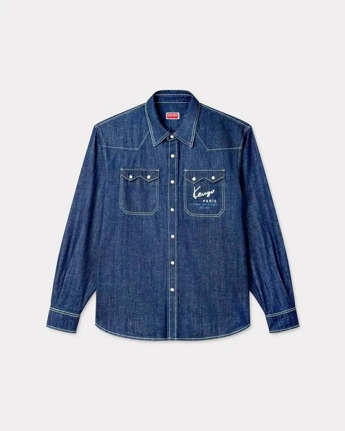 Men 039KENZO Creations039 Embroidered Western Shirt In Japanese Denim Rinse Blue Denim Kenzo Shirts Men 039KENZO Creations039 Embroidered Western Shirt In Japanese Denim Rinse Blue Denim Kenzo Shirts