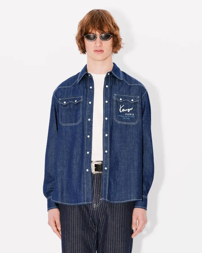 Men 039KENZO Creations039 Embroidered Western Shirt In Japanese Denim Rinse Blue Denim Kenzo Shirts
