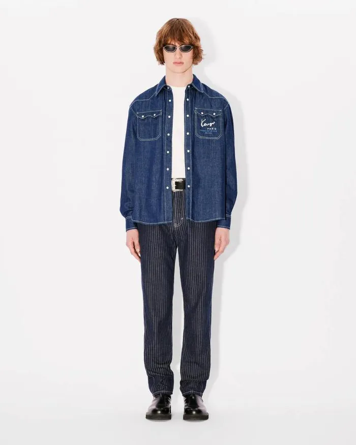 Men 039KENZO Creations039 Embroidered Western Shirt In Japanese Denim Rinse Blue Denim Kenzo Shirts