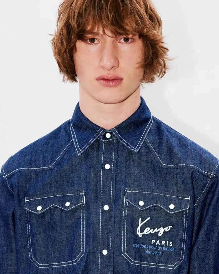 Men 039KENZO Creations039 Embroidered Western Shirt In Japanese Denim Rinse Blue Denim Kenzo Shirts