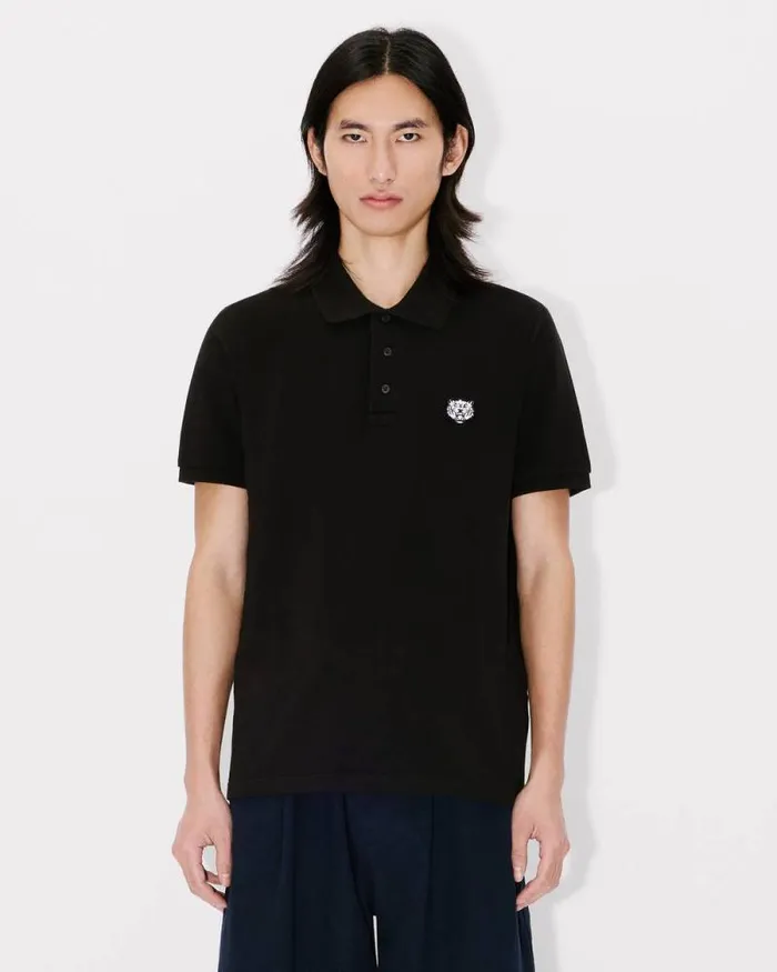 Men 039KENZO Happy Tiger039 Embroidered Slim Polo In Cotton Black Kenzo Tshirts And Polos