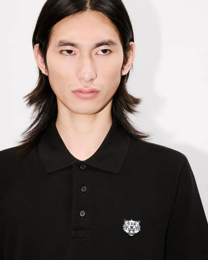 Men 039KENZO Happy Tiger039 Embroidered Slim Polo In Cotton Black Kenzo Tshirts And Polos