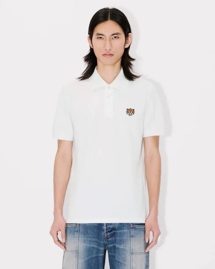 Men 039KENZO Happy Tiger039 Embroidered Slim Polo In Cotton Off White Kenzo Tshirts And Polos