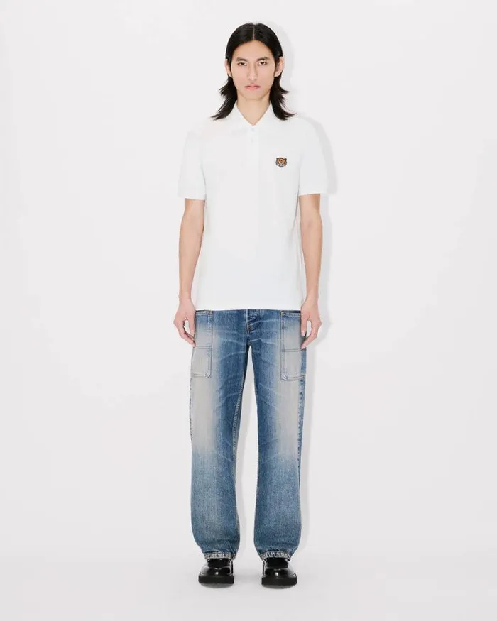 Men 039KENZO Happy Tiger039 Embroidered Slim Polo In Cotton Off White Kenzo Tshirts And Polos