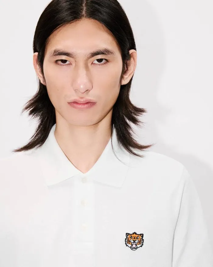 Men 039KENZO Happy Tiger039 Embroidered Slim Polo In Cotton Off White Kenzo Tshirts And Polos