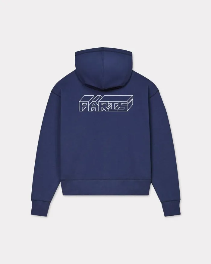 Men 039KENZO Kube039 Embroidered Zipped Hoodie In Cotton Midnight Blue Kenzo Sweatshirts And Hoodies