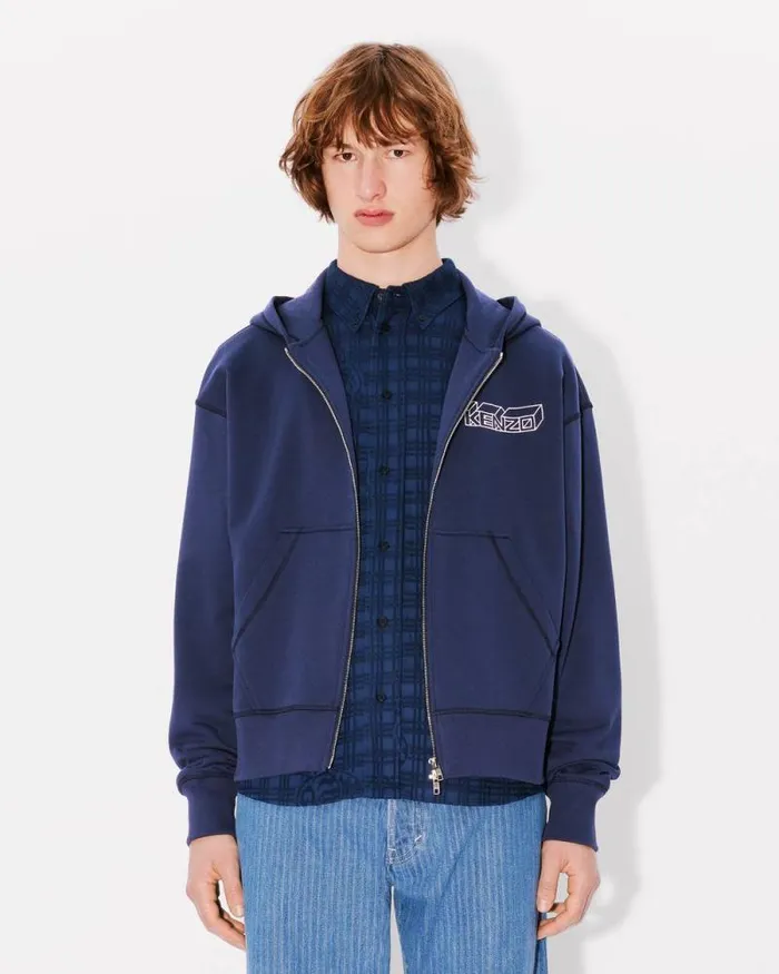 Men 039KENZO Kube039 Embroidered Zipped Hoodie In Cotton Midnight Blue Kenzo Sweatshirts And Hoodies