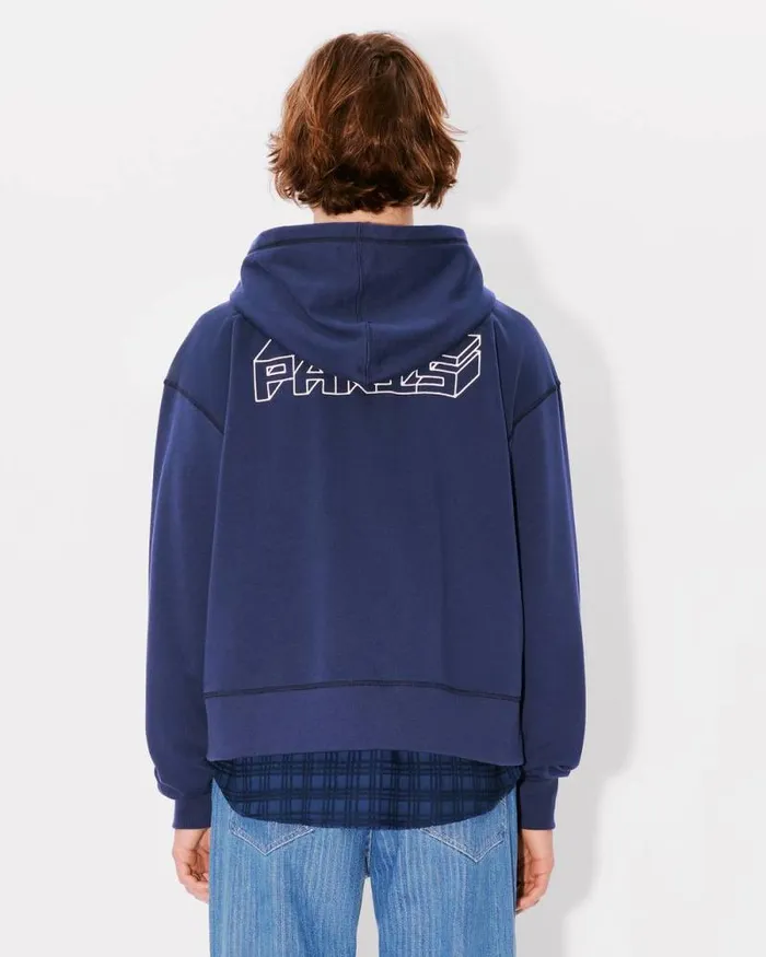 Men 039KENZO Kube039 Embroidered Zipped Hoodie In Cotton Midnight Blue Kenzo Sweatshirts And Hoodies
