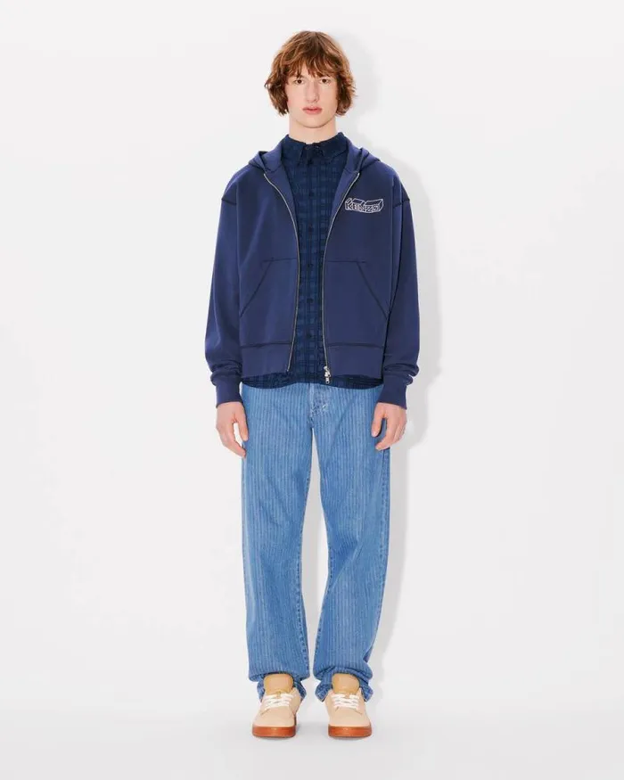 Men 039KENZO Kube039 Embroidered Zipped Hoodie In Cotton Midnight Blue Kenzo Sweatshirts And Hoodies