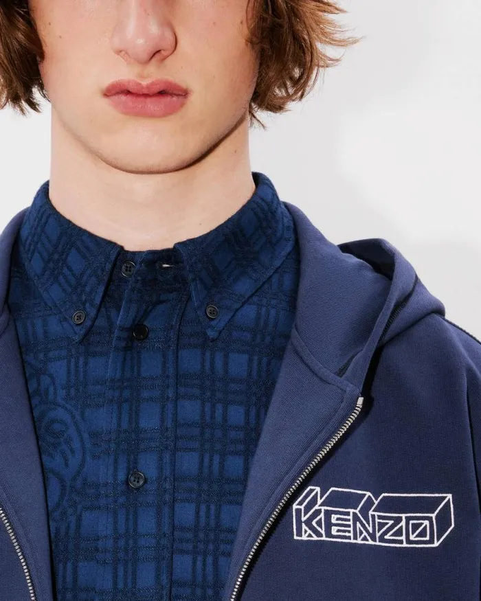 Men 039KENZO Kube039 Embroidered Zipped Hoodie In Cotton Midnight Blue Kenzo Sweatshirts And Hoodies
