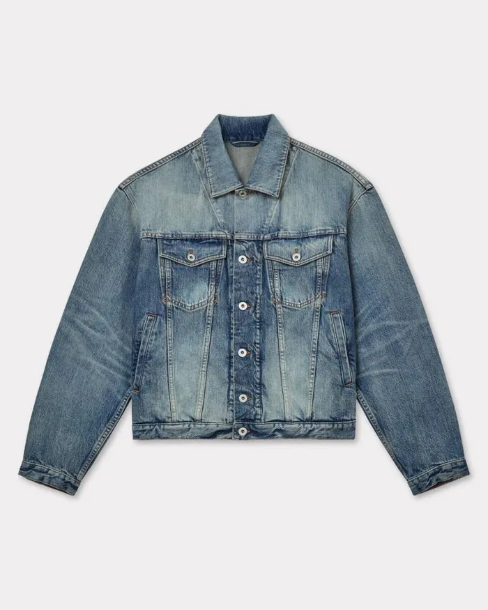 Men 039KENZO Pop039 Embroidered Trucker Jacket In Japanese Denim Medium Stone Blue Denim Kenzo Jackets And Coats