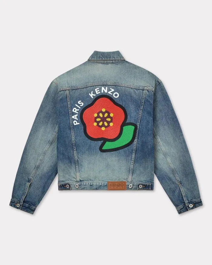 Men 039KENZO Pop039 Embroidered Trucker Jacket In Japanese Denim Medium Stone Blue Denim Kenzo Jackets And Coats