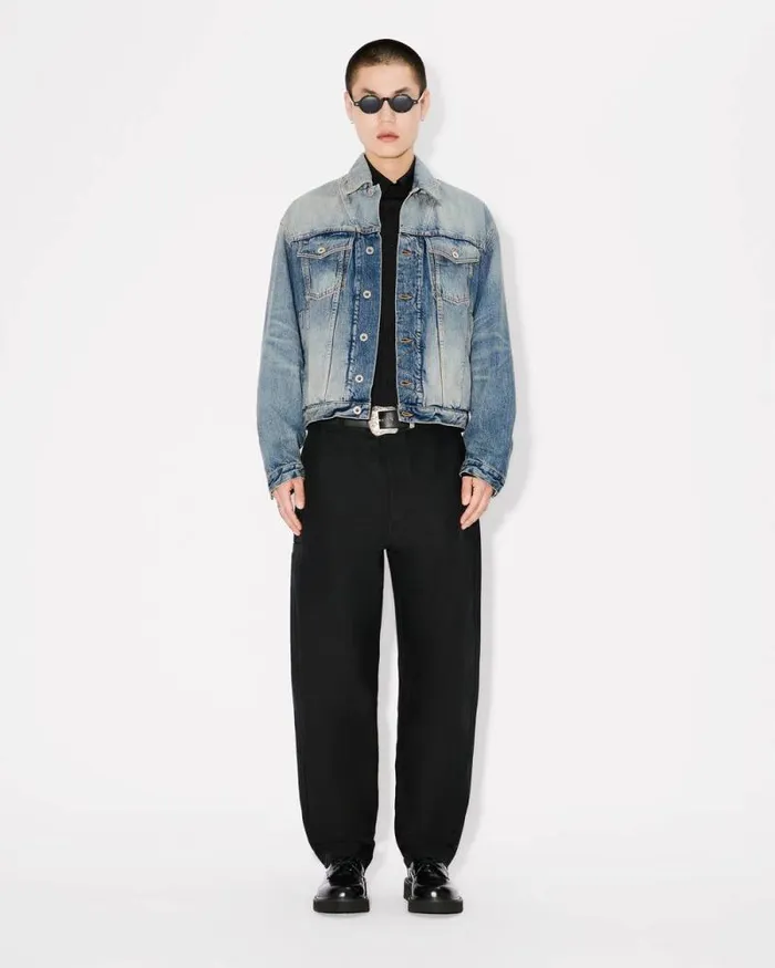 Men 039KENZO Pop039 Embroidered Trucker Jacket In Japanese Denim Medium Stone Blue Denim Kenzo Jackets And Coats