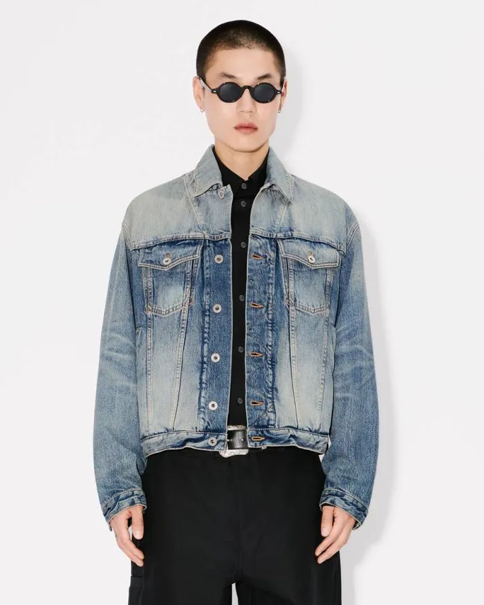Men 039KENZO Pop039 Embroidered Trucker Jacket In Japanese Denim Medium Stone Blue Denim Kenzo Jackets And Coats