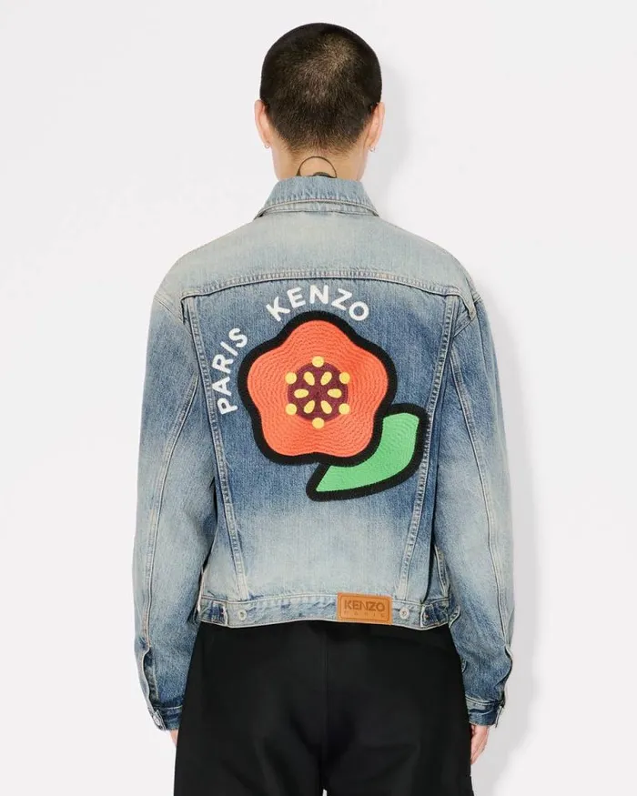 Men 039KENZO Pop039 Embroidered Trucker Jacket In Japanese Denim Medium Stone Blue Denim Kenzo Jackets And Coats