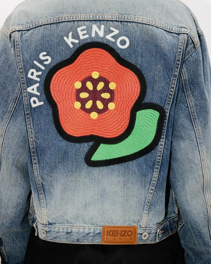 Men 039KENZO Pop039 Embroidered Trucker Jacket In Japanese Denim Medium Stone Blue Denim Kenzo Jackets And Coats