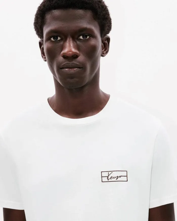 Men 039KENZO Weave039 Embroidered Slim Tshirt In Cotton Off White Kenzo Tshirts And Polos