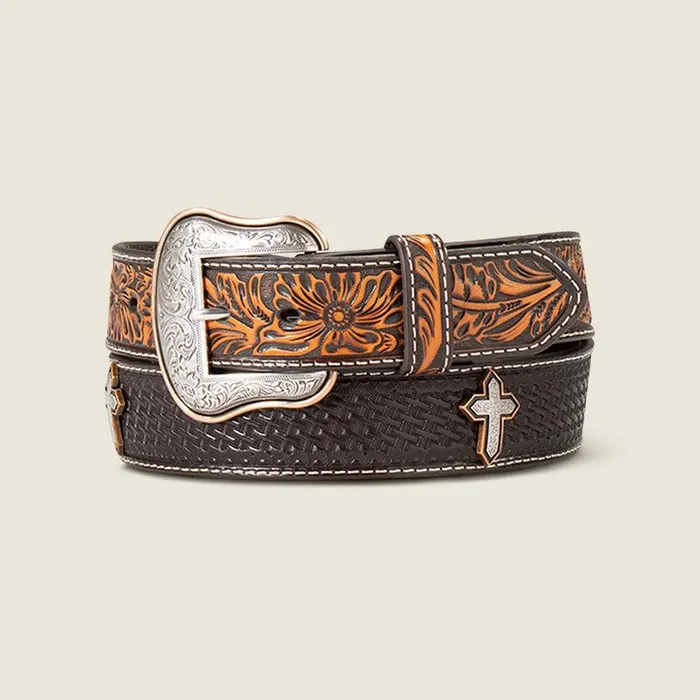 Men Belts Ariat Tooled Cross Belt Brown