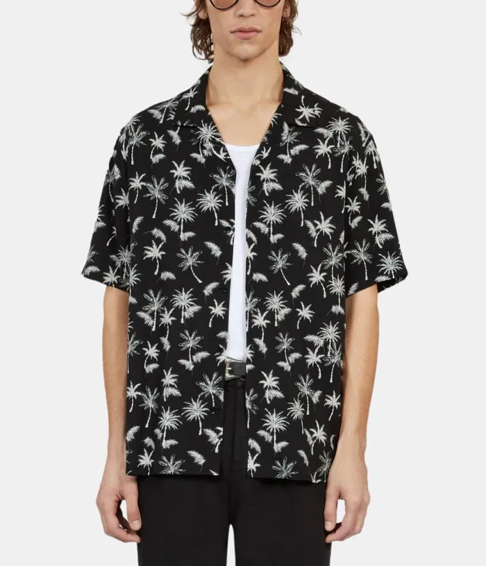 Men Black Palm Tree Print Short Sleeve Shirt THE KOOPLES Shirts