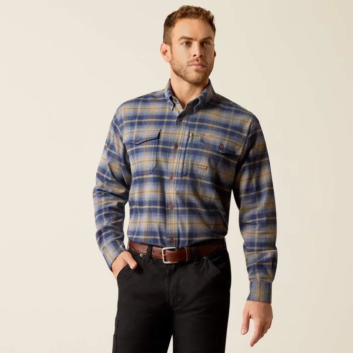 Men Button Down Shirts Ariat Rebar Flannel DuraStretch Work Shirt Navy and Khaki
