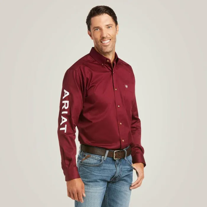 Men Button Down Shirts Ariat Team Logo Twill Fitted Shirt Burgundyandwhite