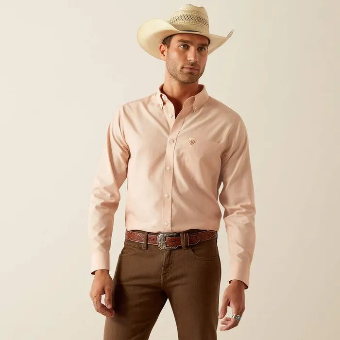 Men Button Down Shirts Ariat Wrinkle Free Solid Fitted Shirt Light Brown
