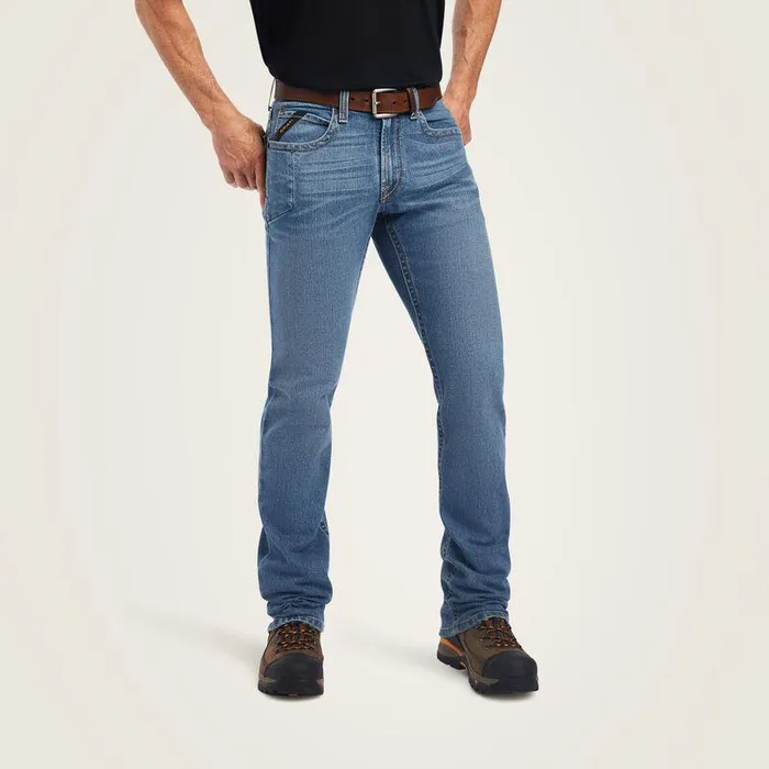 Men Denim Ariat Rebar M4 Low Rise DuraStretch Edge Boot Cut Jean Ventura