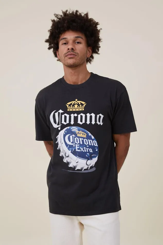 Men Graphic TShirts Cotton On Special Edition TShirt Lcn Cor Washed Blackcoronabottle Cap