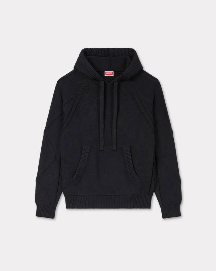 Men Handembroidered Cable Knitted Hoodie Black Kenzo Sweaters And Cardigans