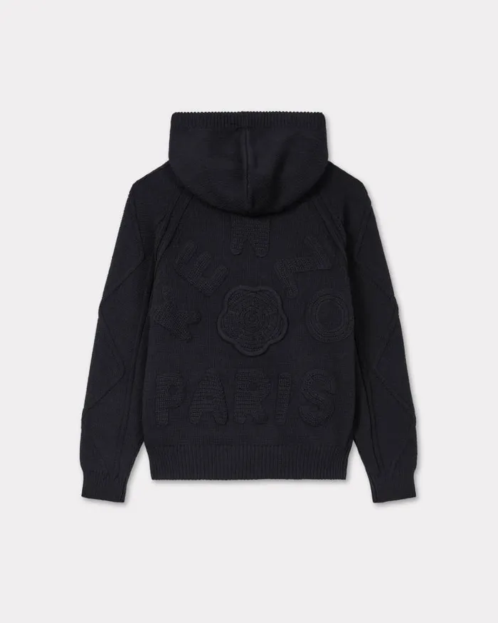 Men Handembroidered Cable Knitted Hoodie Black Kenzo Sweaters And Cardigans