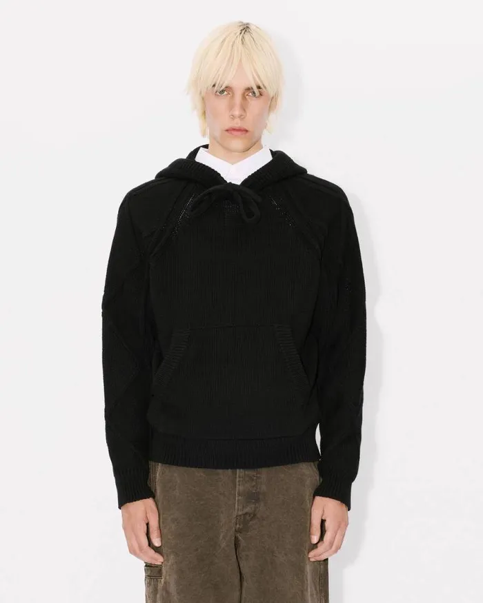 Men Handembroidered Cable Knitted Hoodie Black Kenzo Sweaters And Cardigans