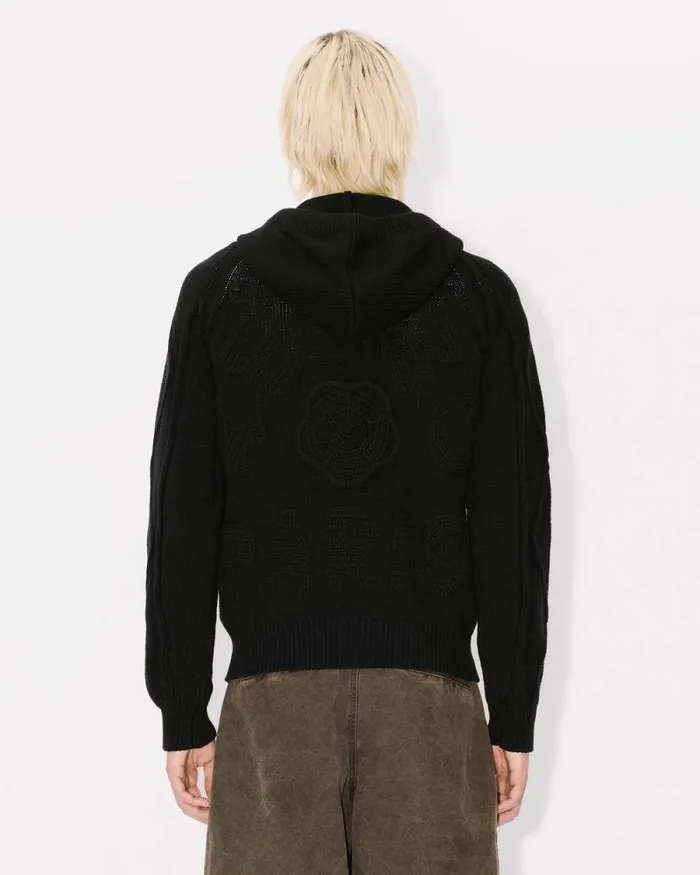 Men Handembroidered Cable Knitted Hoodie Black Kenzo Sweaters And Cardigans