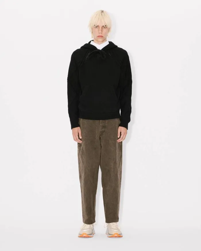 Men Handembroidered Cable Knitted Hoodie Black Kenzo Sweaters And Cardigans
