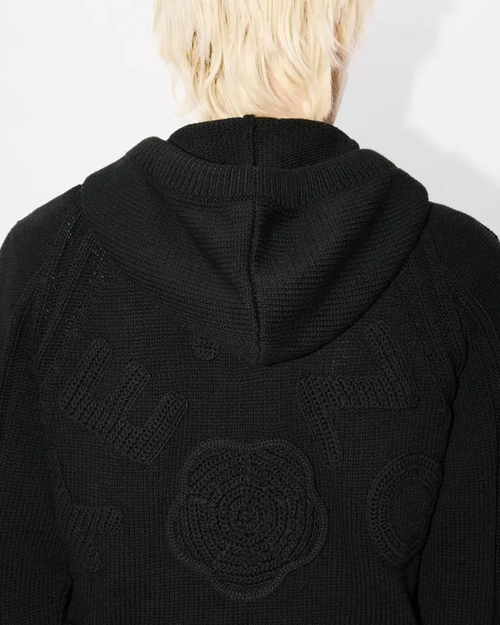 Men Handembroidered Cable Knitted Hoodie Black Kenzo Sweaters And Cardigans