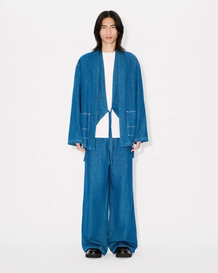 Men Kimono Jacket In Japanese Linen Denim Rinse Blue Denim Kenzo Denim