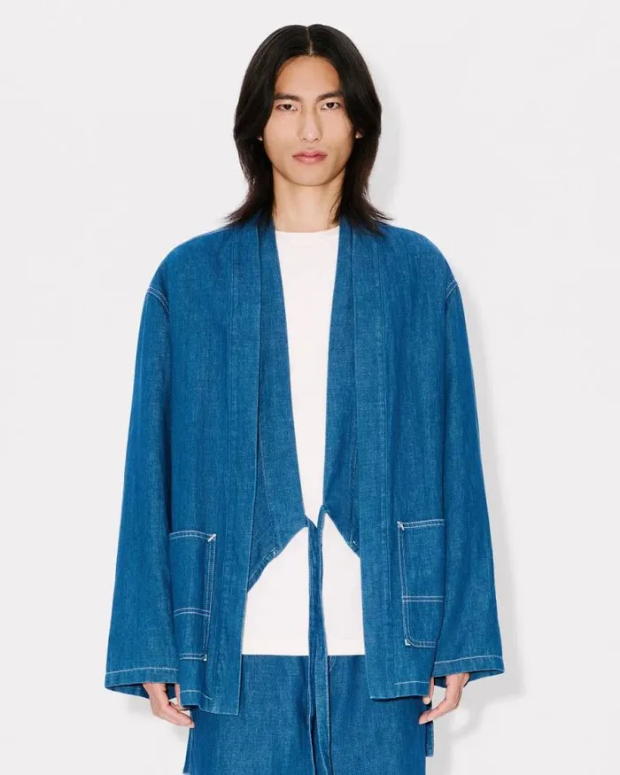 Men Kimono Jacket In Japanese Linen Denim Rinse Blue Denim Kenzo Denim