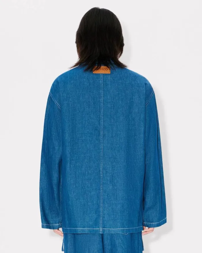 Men Kimono Jacket In Japanese Linen Denim Rinse Blue Denim Kenzo Denim