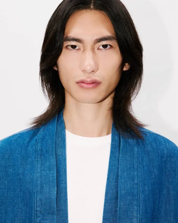 Men Kimono Jacket In Japanese Linen Denim Rinse Blue Denim Kenzo Denim
