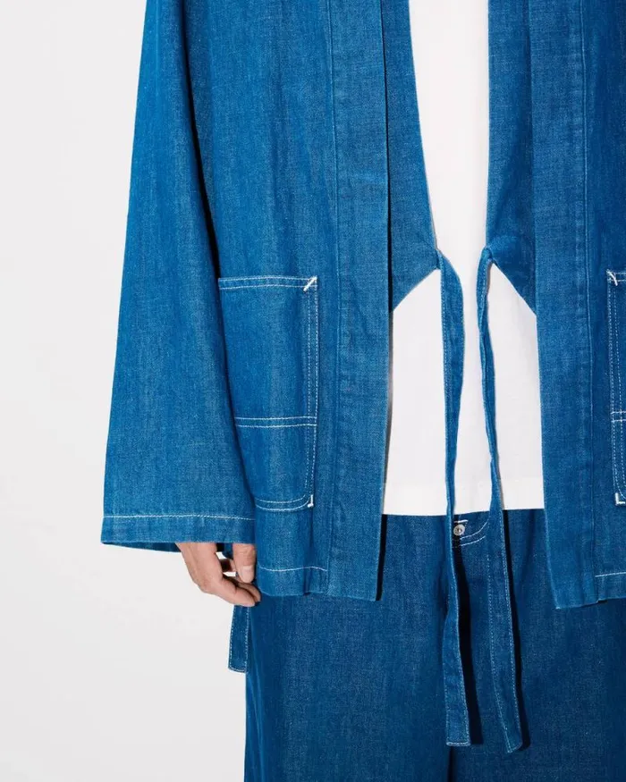 Men Kimono Jacket In Japanese Linen Denim Rinse Blue Denim Kenzo Denim