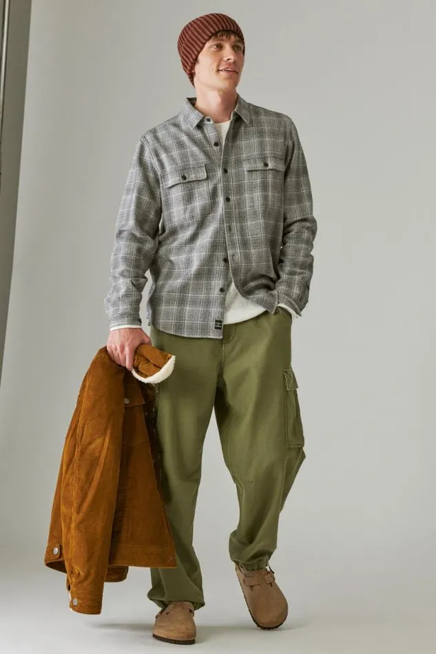 Men Lucky Brand ButtonDowns Plaid Utility Long Sleeve Flannel Grey Malange