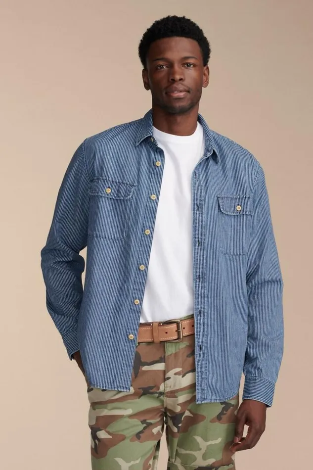 Men Lucky Brand ButtonDowns Railroad Stripe Denim Utility Long Sleeve Shirt Bayview