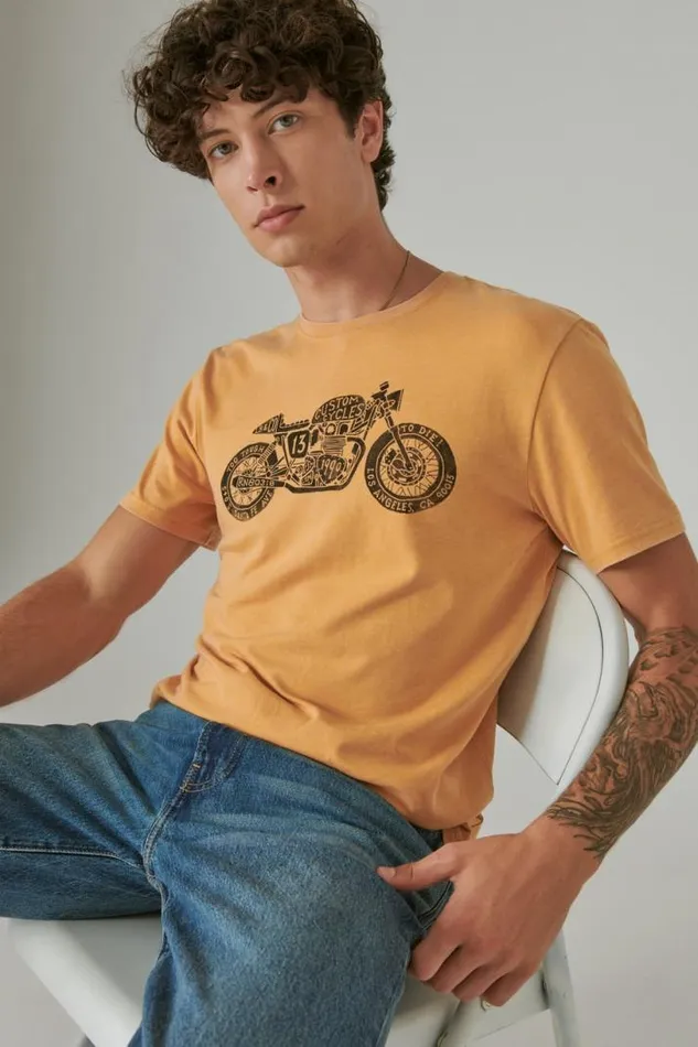 Men Lucky Brand Graphic Tees Moto Bike Spruce Yellow